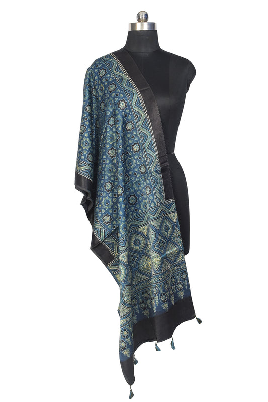 Ajrakh Mashru Silk Natural Dye Hand Block Print Stole With Tassels - 2 Mtr Length - SKU : MS10B0AB
