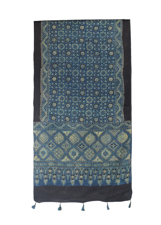 Ajrakh Mashru Silk Natural Dye Hand Block Print Stole With Tassels - 2 Mtr Length - SKU : MS10B0AB