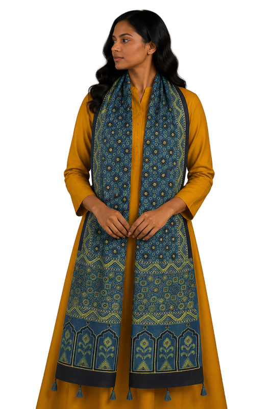 Ajrakh Mashru Silk Natural Dye Hand Block Print Stole With Tassels - 2 Mtr Length - SKU : MS10B0AC