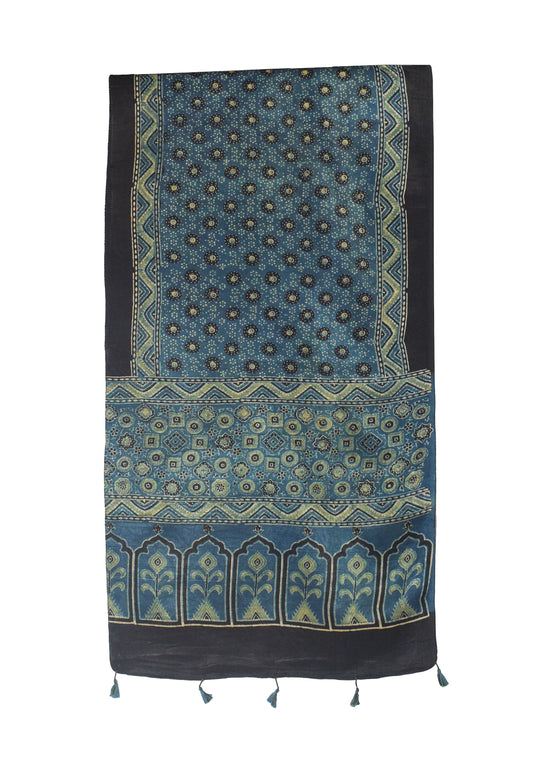 Ajrakh Mashru Silk Natural Dye Hand Block Print Stole With Tassels - 2 Mtr Length - SKU : MS10B0AC