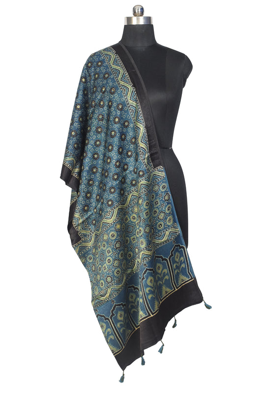 Ajrakh Mashru Silk Natural Dye Hand Block Print Stole With Tassels - 2 Mtr Length - SKU : MS10B0AC