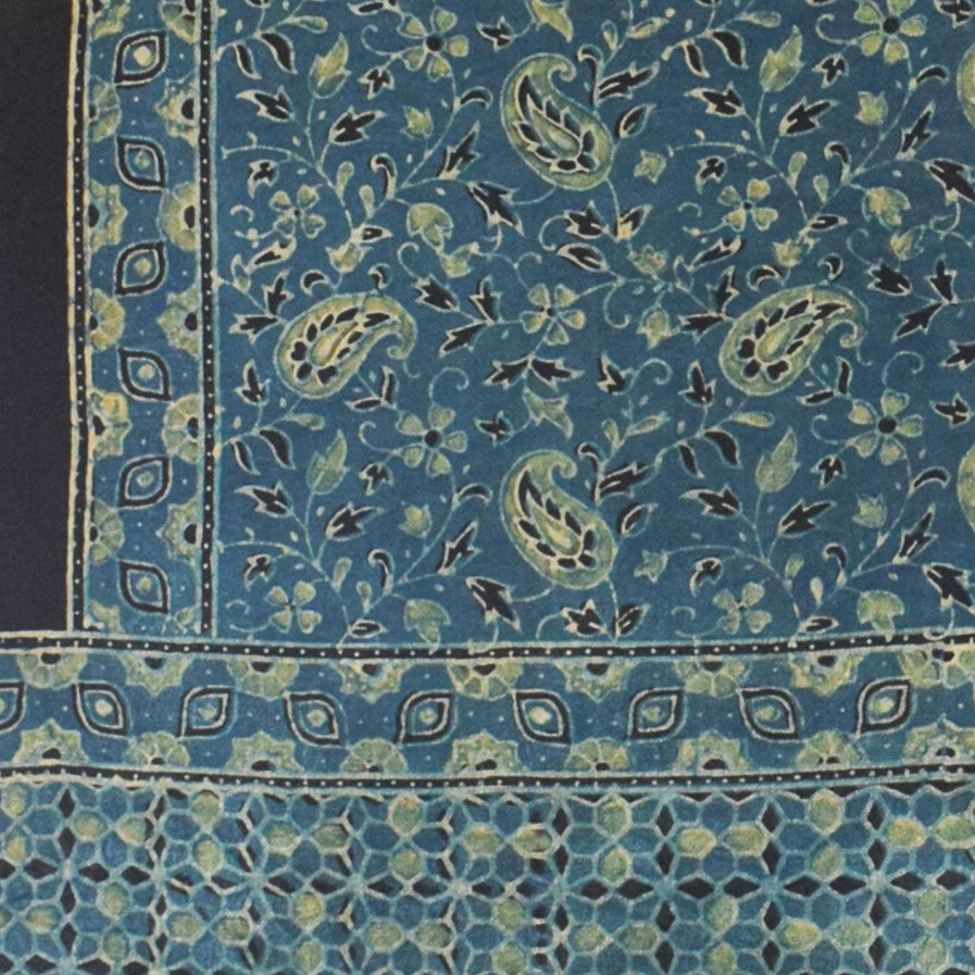Ajrakh Mashru Silk Natural Dye Hand Block Print Stole With Tassels - 2 Mtr Length - SKU : MS10B0AE