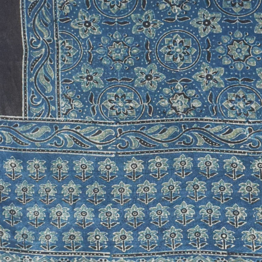 Ajrakh Mashru Silk Natural Dye Hand Block Print Stole With Tassels - 2 Mtr Length - SKU : MS10B0AG
