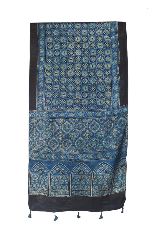 Ajrakh Mashru Silk Natural Dye Hand Block Print Stole With Tassels - 2 Mtr Length - SKU : MS10B0AH