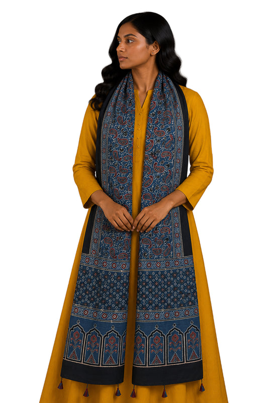 Ajrakh Mashru Silk Natural Dye Hand Block Print Stole With Tassels - 2 Mtr Length - SKU : MS10B0AM