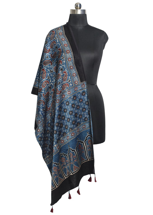 Ajrakh Mashru Silk Natural Dye Hand Block Print Stole With Tassels - 2 Mtr Length - SKU : MS10B0AM