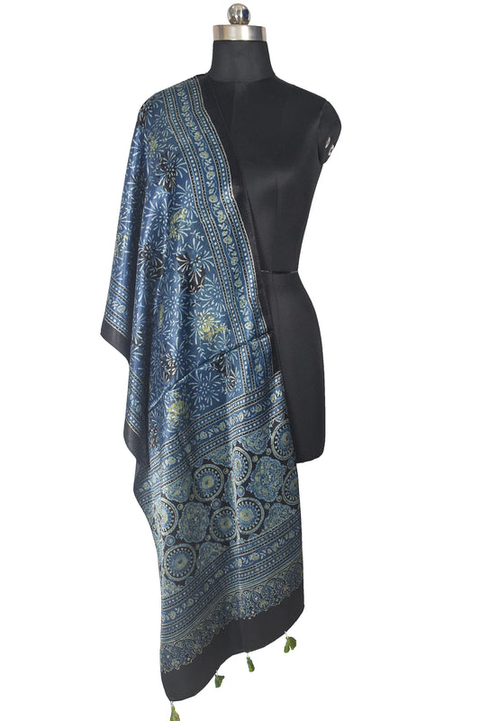 Ajrakh Mashru Silk Natural Dye Hand Block Print Stole With Tassels - 2 Mtr Length - SKU : AI21702M