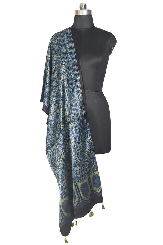 Ajrakh Mashru Silk Natural Dye Hand Block Print Stole With Tassels - 2 Mtr Length - SKU : AI21702Q