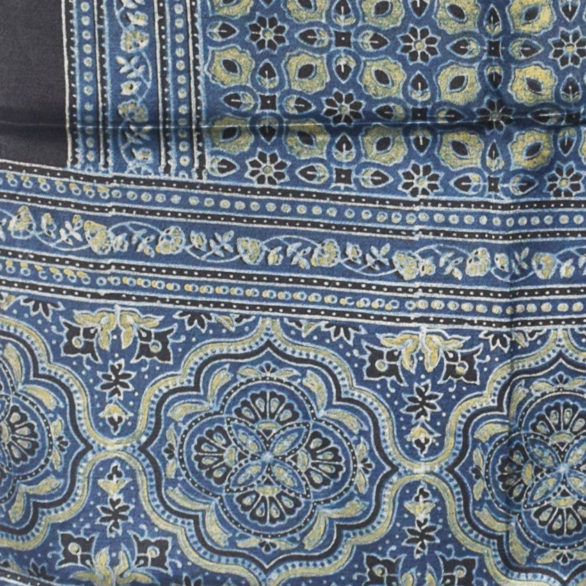 Ajrakh Mashru Silk Natural Dye Hand Block Print Stole With Tassels - 2 Mtr Length - SKU : AI21702Q