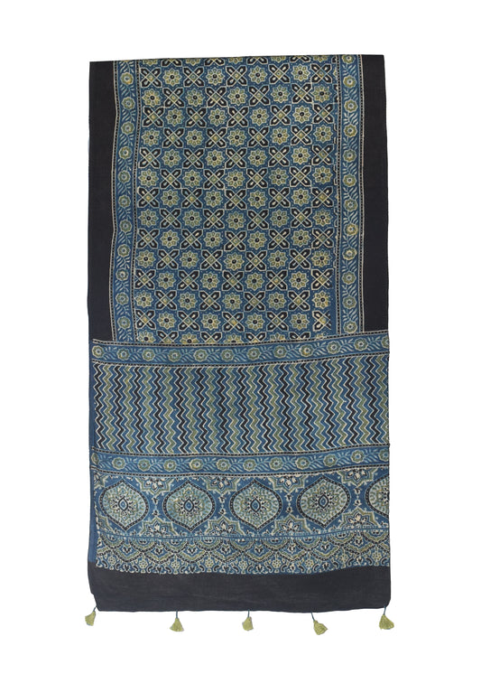 Ajrakh Mashru Silk Natural Dye Hand Block Print Stole With Tassels - 2 Mtr Length - SKU : MS10B0AJ