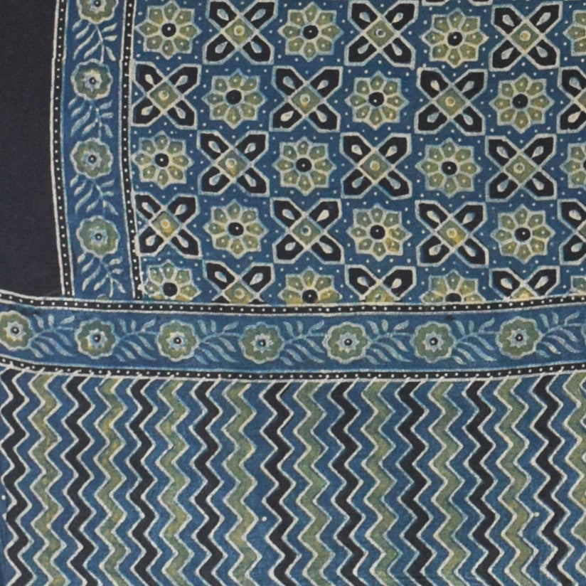 Ajrakh Mashru Silk Natural Dye Hand Block Print Stole With Tassels - 2 Mtr Length - SKU : MS10B0AJ