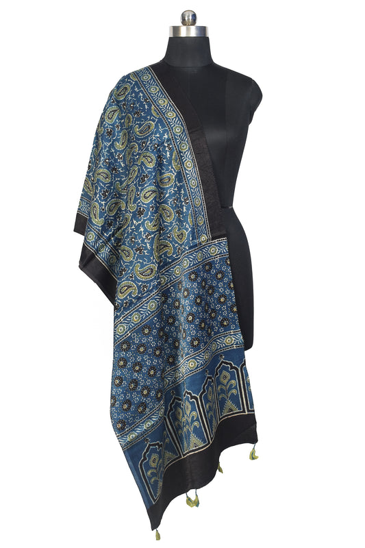 Ajrakh Mashru Silk Natural Dye Hand Block Print Stole With Tassels - 2 Mtr Length - SKU : MS10B0AL