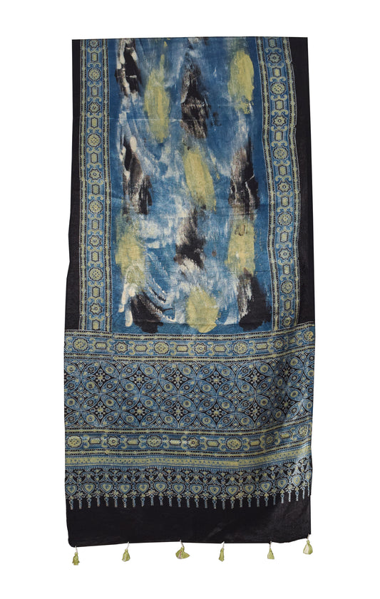 Ajrakh Mashru Silk Natural Dye Hand Block Print Stole With Tassels - 2 Mtr Length    -  SKU : RD26201P