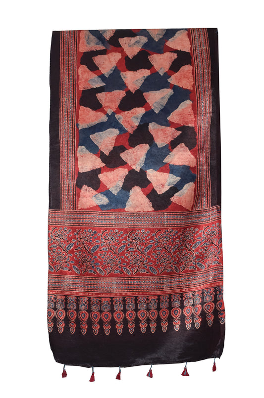 Ajrakh Mashru Silk Natural Dye Hand Block Print Stole With Tassels - 2 Mtr Length    -  SKU : RD26201B
