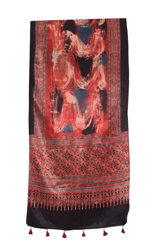 Ajrakh Mashru Silk Natural Dye Hand Block Print Stole With Tassels - 2 Mtr Length    -  SKU : RD26201J