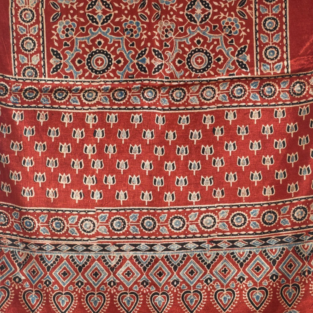 Ajrakh Mashru Silk Natural Dye Hand Block Print Stole With Tassels - 2 Mtr Length - SKU : AI0770AL