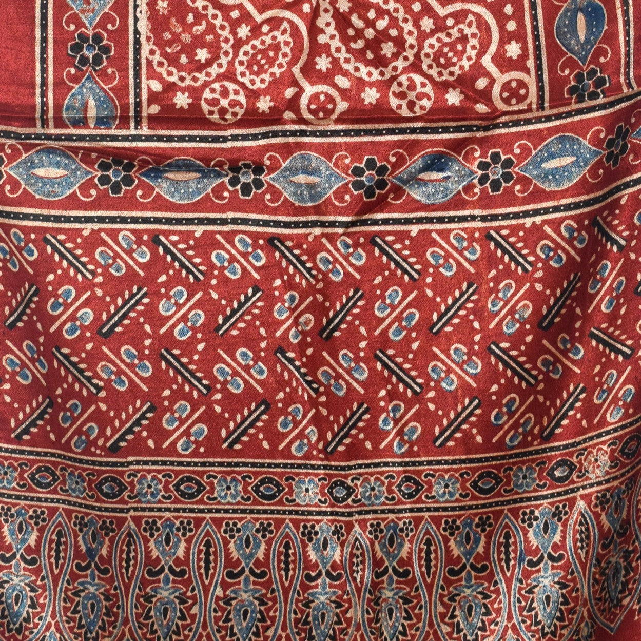 Ajrakh Mashru Silk Natural Dye Hand Block Print Stole With Tassels - 2 Mtr Length - SKU : AI0770BH
