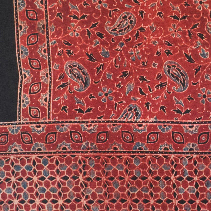 Ajrakh Mashru Silk Natural Dye Hand Block Print Stole With Tassels - 2 Mtr Length - SKU : MS10B01G