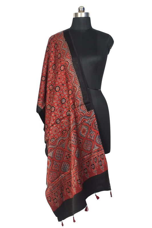 Ajrakh Mashru Silk Natural Dye Hand Block Print Stole With Tassels - 2 Mtr Length - SKU : MS10B01H