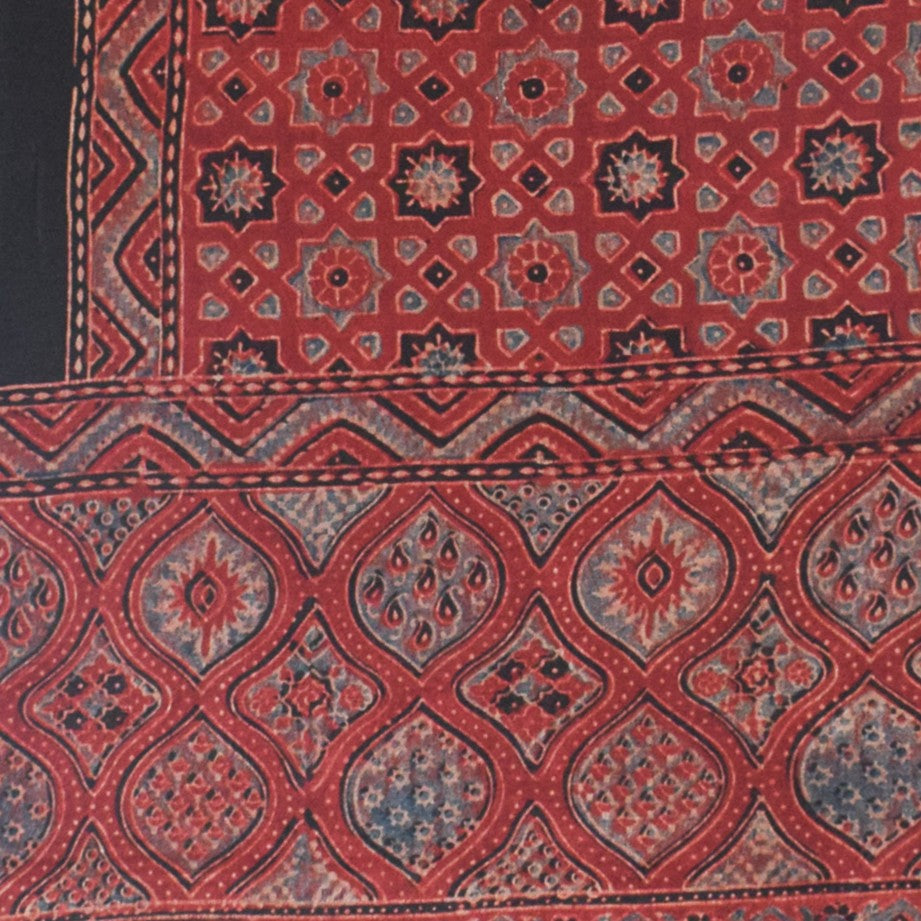 Ajrakh Mashru Silk Natural Dye Hand Block Print Stole With Tassels - 2 Mtr Length - SKU : MS10B01H