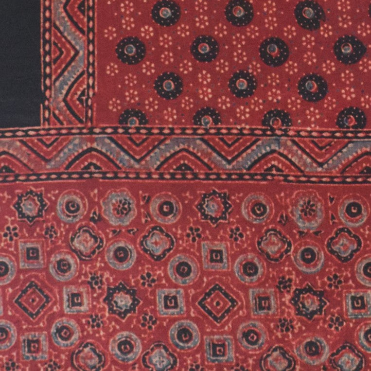 Ajrakh Mashru Silk Natural Dye Hand Block Print Stole With Tassels - 2 Mtr Length - SKU : MS10B01K