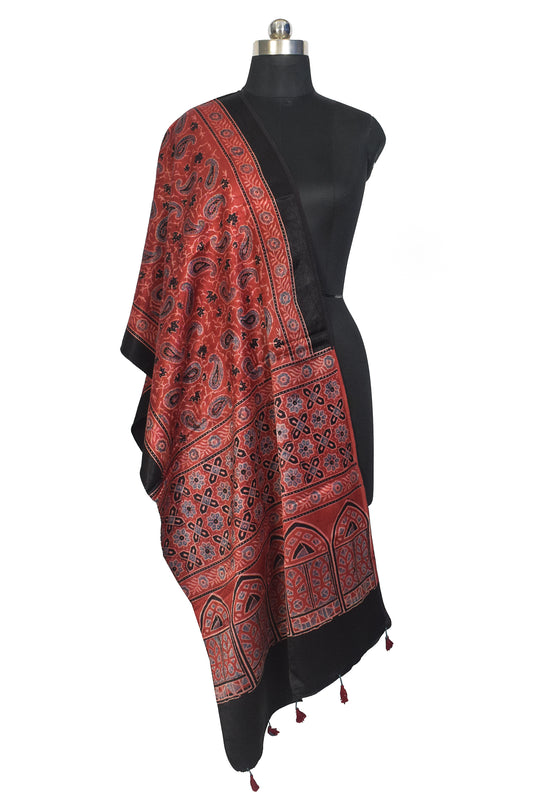 Ajrakh Mashru Silk Natural Dye Hand Block Print Stole With Tassels - 2 Mtr Length - SKU : MS10B01L