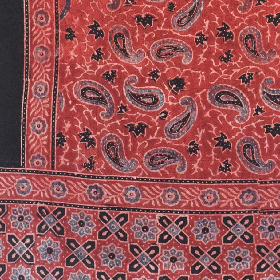 Ajrakh Mashru Silk Natural Dye Hand Block Print Stole With Tassels - 2 Mtr Length - SKU : MS10B01L