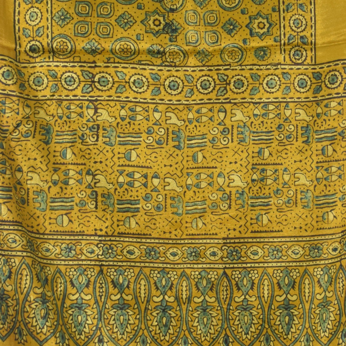 Ajrakh Mashru Silk Natural Dye Hand Block Print Stole With Tassels - 2 Mtr Length - SKU : AI07701E