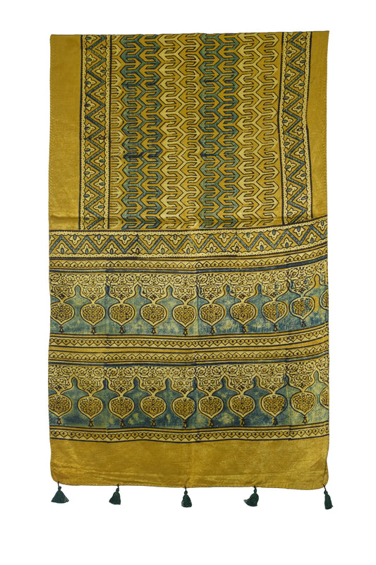 Ajrakh Mashru Silk Natural Dye Hand Block Print Stole With Tassels - 2 Mtr Length - SKU : AI07701W