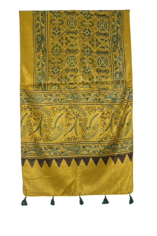 Ajrakh Mashru Silk Natural Dye Hand Block Print Stole With Tassels - 2 Mtr Length - SKU : AI0770AC
