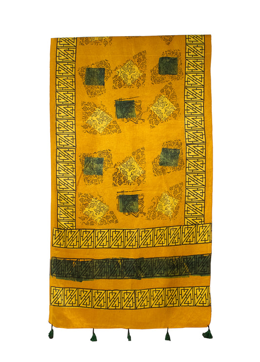Ajrakh Mashru Silk Natural Dye Hand Block Print Stole With Tassels - 2 Mtr Length - SKU : MS19701C