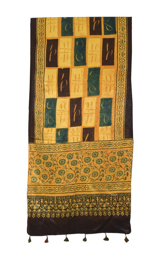 Ajrakh Mashru Silk Natural Dye Hand Block Print Stole With Tassels - 2 Mtr Length    -  SKU : RD26201D