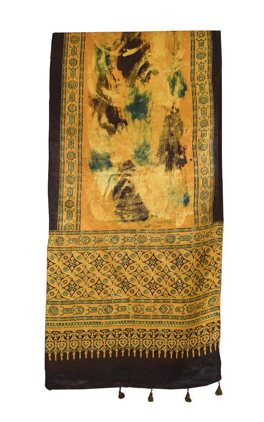 Ajrakh Mashru Silk Natural Dye Hand Block Print Stole With Tassels - 2 Mtr Length    -  SKU : RD26201T