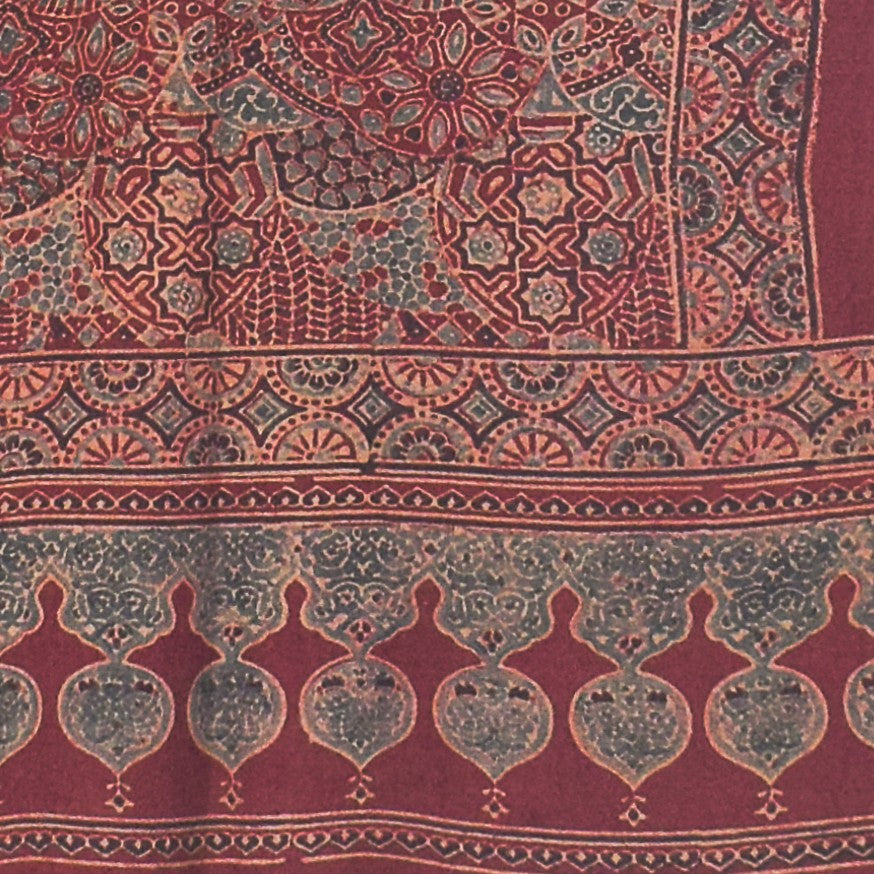 Ajrakh merino wool Natural Dye Hand Block Print Stole With Tassels - 2.2 Mtr Length - SKU : DB14C01B