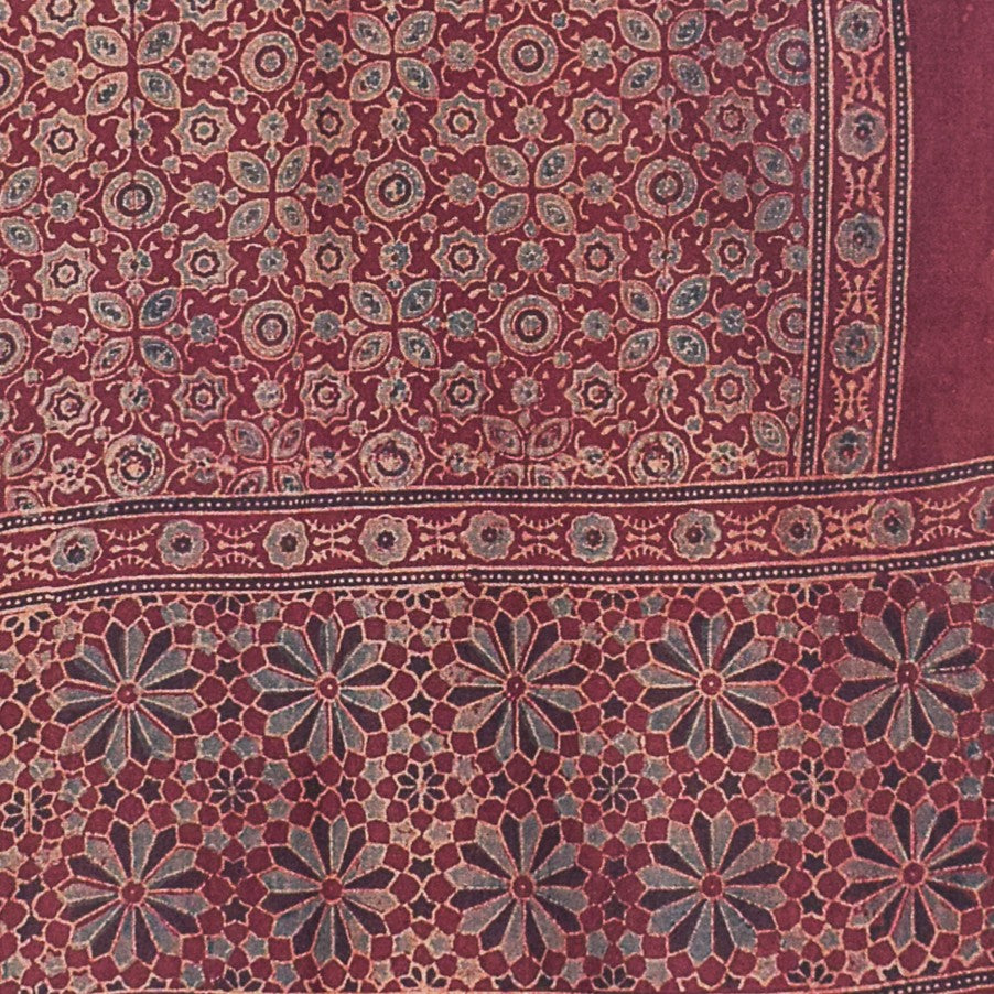 Ajrakh merino wool Natural Dye Hand Block Print Stole With Tassels - 2.2 Mtr Length - SKU : DB14C01D