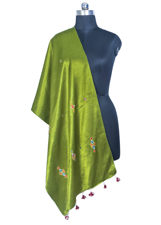Ahir Work Mashru Silk Hand Embroidered Mirror Work Stole with Tassels - 2 Mtr Length - SKU : RD04301E