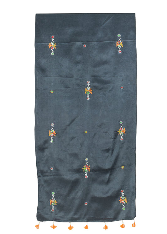 Ahir Work Mashru Silk Hand Embroidered Mirror Work Stole with Tassels - 2 Mtr Length - SKU : RD04301D