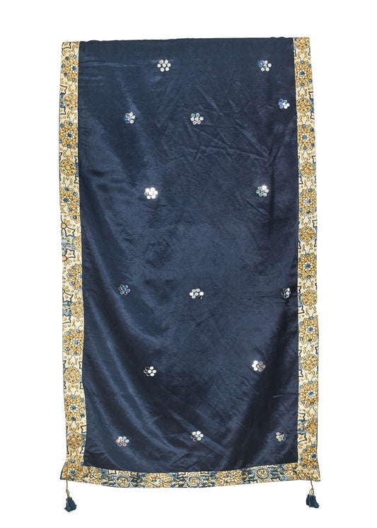 Plain Dyeing Mashru Silk Natural Dye Ajrakh Patti Mirror Work Stole with Tassels - 2.1 Mtr Length - SKU : RD03703A