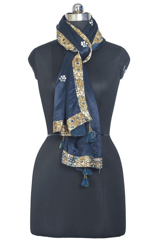 Plain Dyeing Mashru Silk Natural Dye Ajrakh Patti Mirror Work Stole with Tassels - 2.1 Mtr Length - SKU : RD03703A