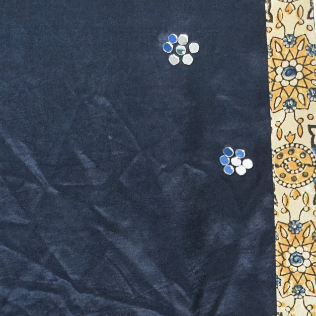 Plain Dyeing Mashru Silk Natural Dye Ajrakh Patti Mirror Work Stole with Tassels - 2.1 Mtr Length - SKU : RD03703A