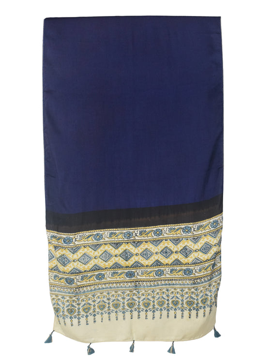 Plain Dyeing Modal Silk Part Natural Dye Half Ajrakh Hand Block Print Stole with Tassels - 2.1 Mtr Length - SKU : AI22503M