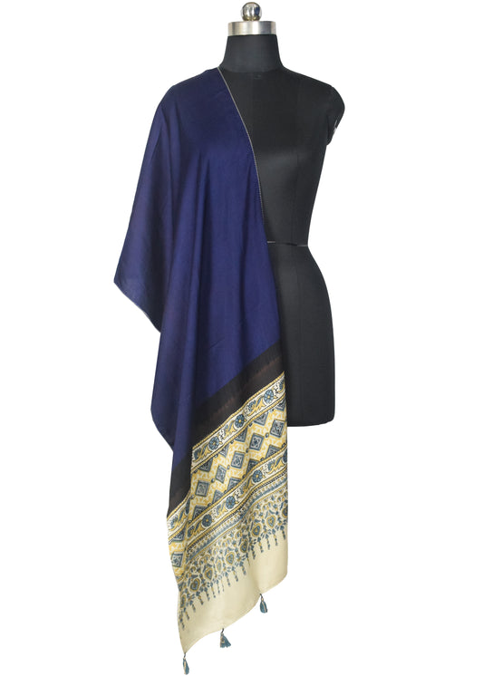 Plain Dyeing Modal Silk Part Natural Dye Half Ajrakh Hand Block Print Stole with Tassels - 2.1 Mtr Length - SKU : AI22503M