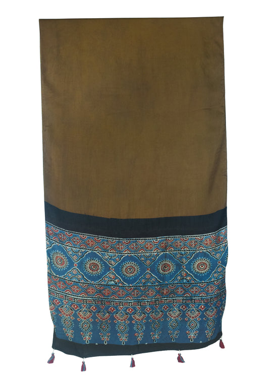 Plain Dyeing Modal Silk Part Natural Dye Half Ajrakh Hand Block Print Stole with Tassels - 2.1 Mtr Length - SKU : AI22503D