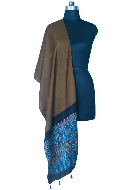 Plain Dyeing Modal Silk Part Natural Dye Half Ajrakh Hand Block Print Stole with Tassels - 2.1 Mtr Length - SKU : AI22503D