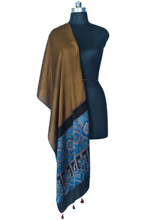 Plain Dyeing Modal Silk Part Natural Dye Half Ajrakh Hand Block Print Stole with Tassels - 2.1 Mtr Length - SKU : AI22503I
