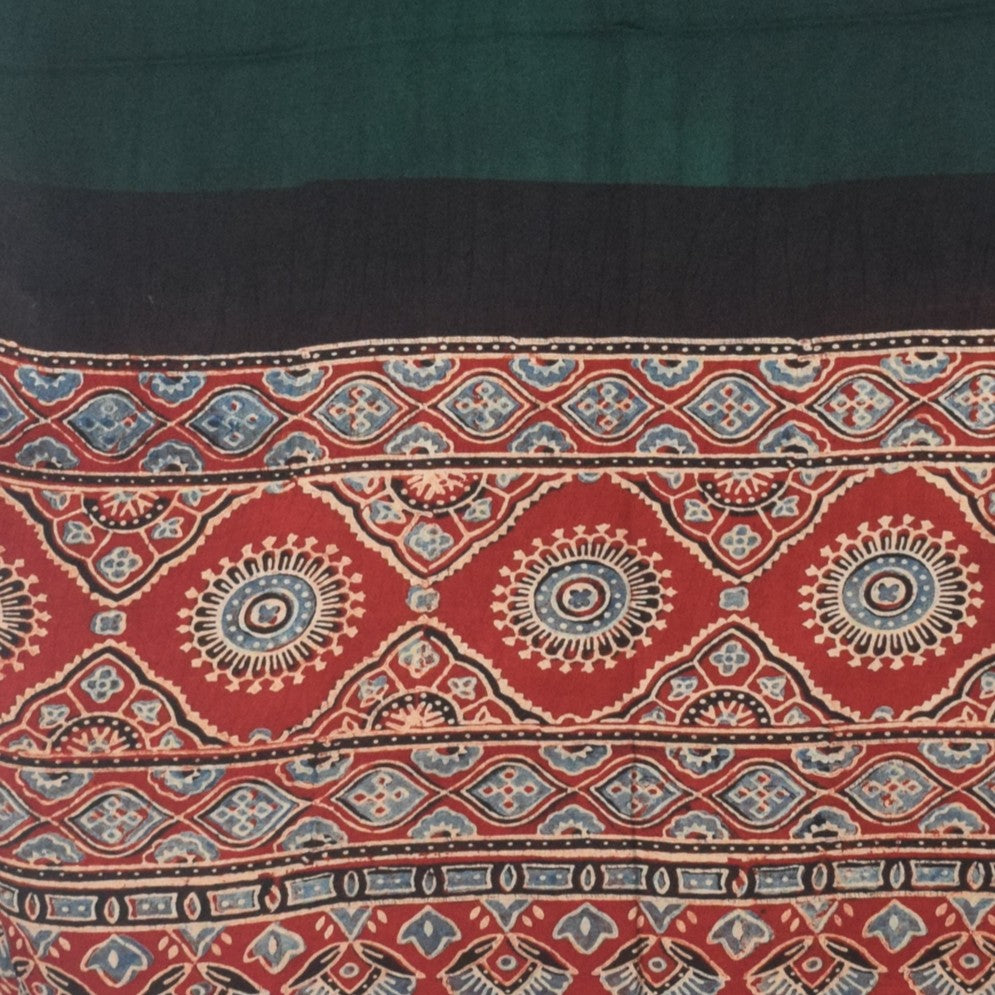 Plain Dyeing Modal Silk Part Natural Dye Half Ajrakh Hand Block Print Stole with Tassels - 2.1 Mtr Length - SKU : AI2253AA