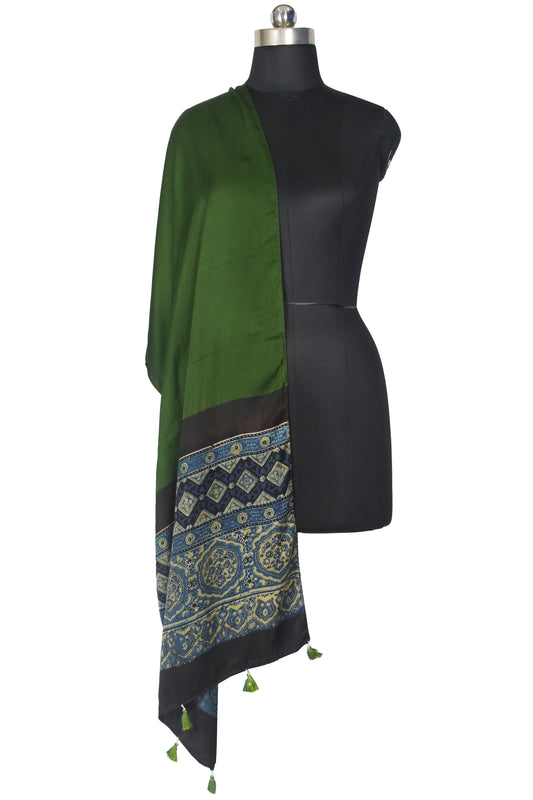 Plain Dyeing Modal Silk Part Natural Dye Half Ajrakh Hand Block Print Stole with Tassels - 2.1 Mtr Length - SKU : AI2253AC