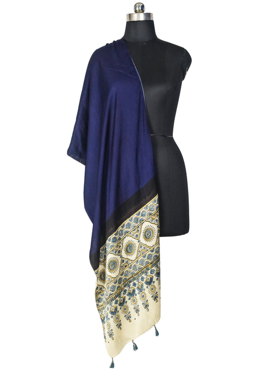 Plain Dyeing Modal Silk Part Natural Dye Half Ajrakh Hand Block Print Stole with Tassels - 2.1 Mtr Length - SKU : AI22503F