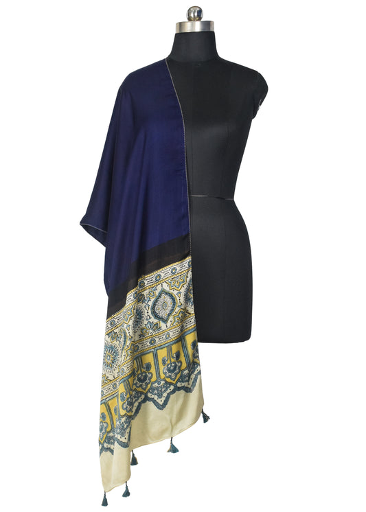 Plain Dyeing Modal Silk Part Natural Dye Half Ajrakh Hand Block Print Stole with Tassels - 2.1 Mtr Length - SKU : AI22503H