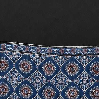 Ajrakh Modal Silk Part Natural Dye Half Plain Dyeing Hand Block Print Stole With Tassels - 2.1 Mtr Length - SKU : AI2690BF